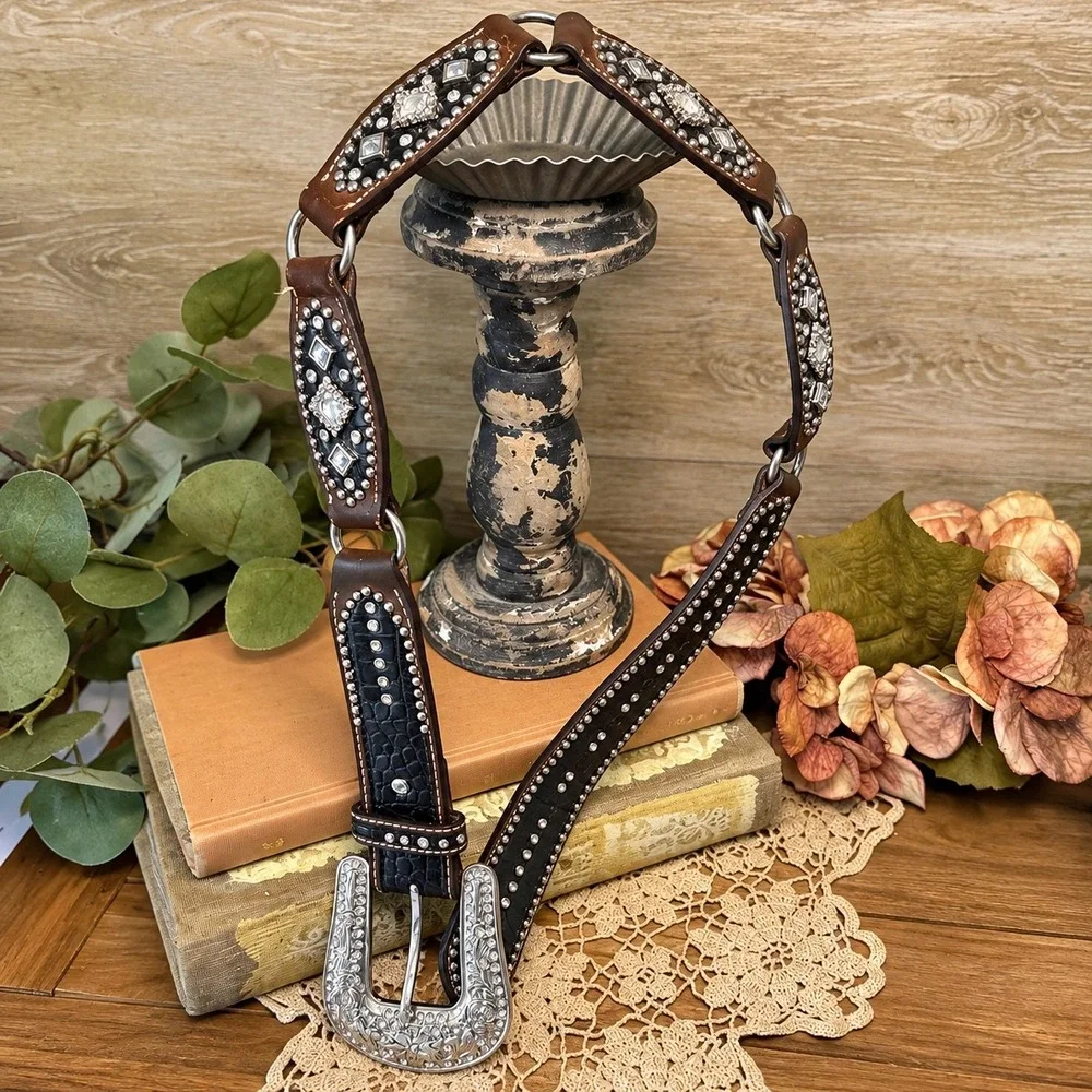 Nocona Belt Co Womens Brown Black Leather Rhinestone Studded Western Belt Small